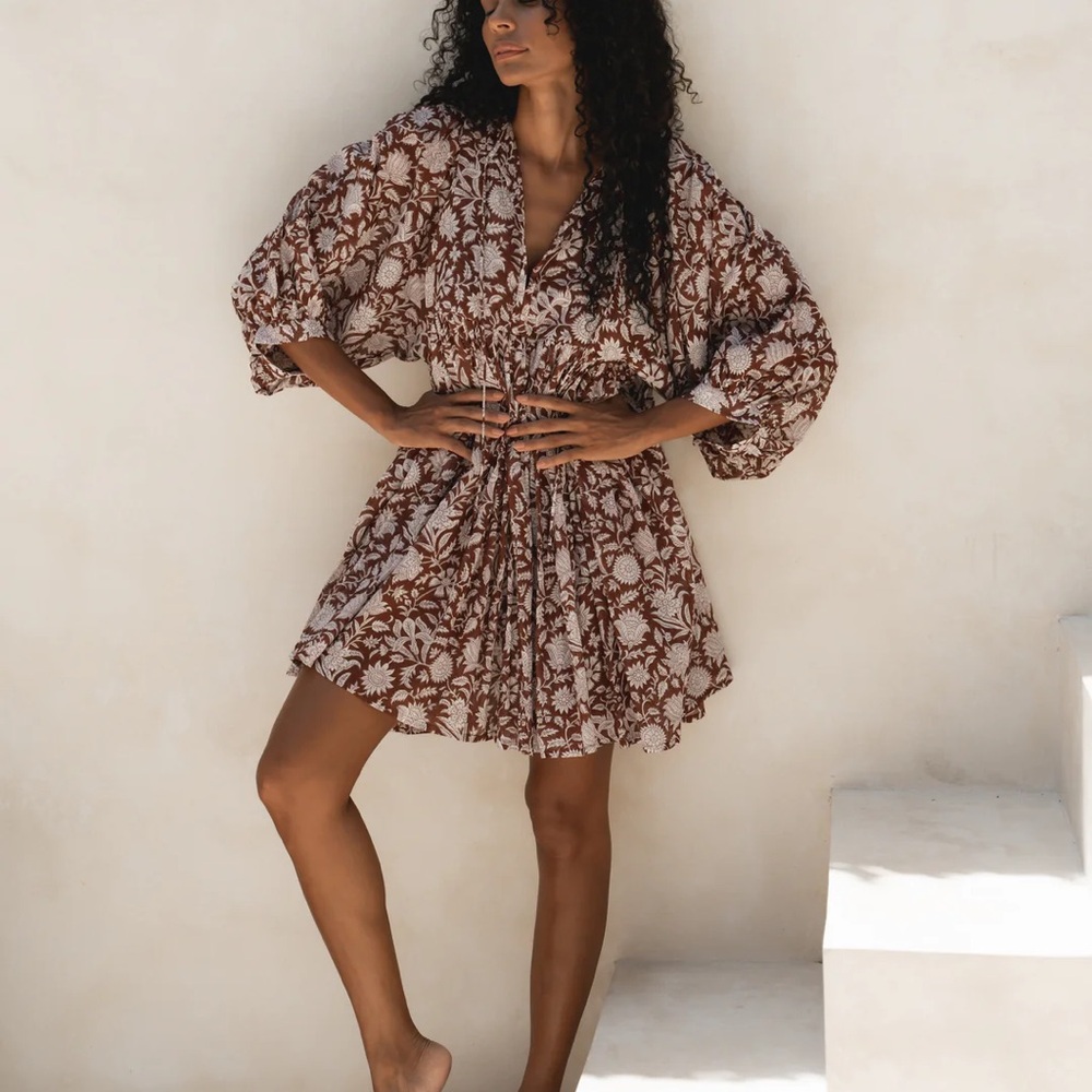 Daughters of India block print Kyra Mini Dress M Wine Burgundy